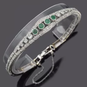 Antique Art Deco 14K White Gold Emerald & 1.66 Diamond Tennis Bracelet