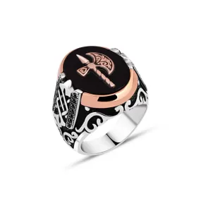 Axe on Black Ellipse Onyx Stone Silver Men's Ring Siding Braid Pattern Pattern and Zircons