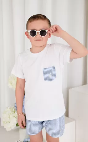 Boys Dark Blue Stripe Seersucker Pocket T-Shirt