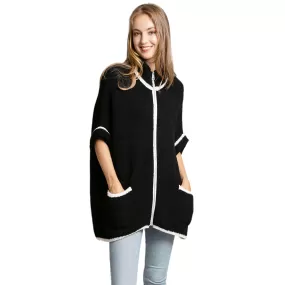 Colored Edge Front Pockets Zipper Cape Ruana Jacket