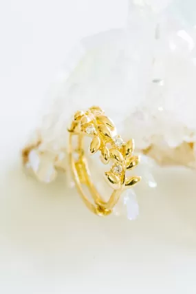 Cz Flower Leaf Hoop Ring Piercing Earring 14K Solid Gold Jewelry