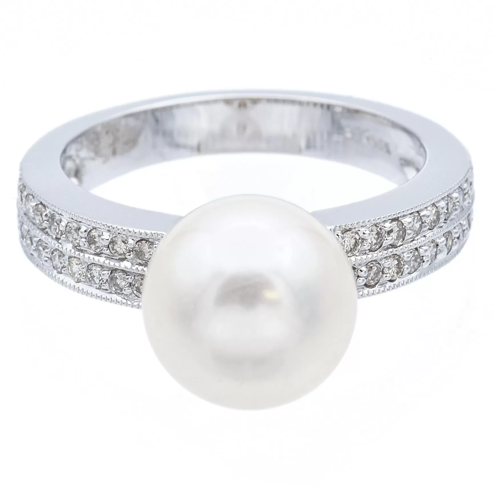 Estate 14K White Gold Pearl & Diamond Band Ring Size 7