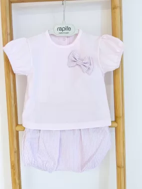 Girls Rapife Pink Bow T-shirt and Stripe Bloomer Set