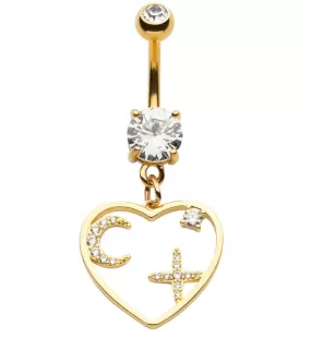 Gold PVD Heart Cutout Crescent Moon and Star CZ Dangle Belly Button Ring