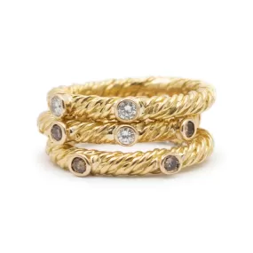 Ladies 18K Yellow Gold Diamond Three Stackable Band Rings Set