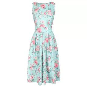 Light Aqua Blue Polka Dot Floral Classic Audrey Sleeveless Summer Dress