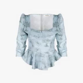 Mari Top / Cottage Blue   Pewter Green Cotton Toile