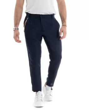 Pantaloni Uomo In Lino Tasca America Classico Sartoriale Comodo Casual Tinta Unita Blu GIOSAL-P5790A