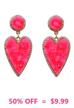 Pink HEART Druzy stone dangle post earrings bling trim