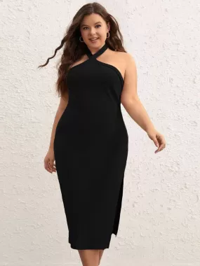 [Plus Size] Black 1960s Cross Halter Dress