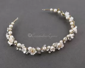 Porcelain Flower and Opal Headband in Gold