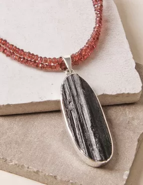 Raw Black Tourmaline Oval Beaded Garnet Necklace