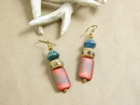 Rectangle Matte Coral Czech Earrings