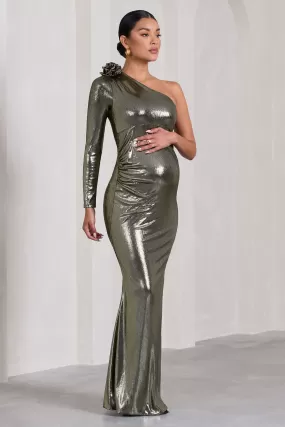 Rosepetal | Silver Metallic Asymmetric Maternity Maxi Dress With Flower